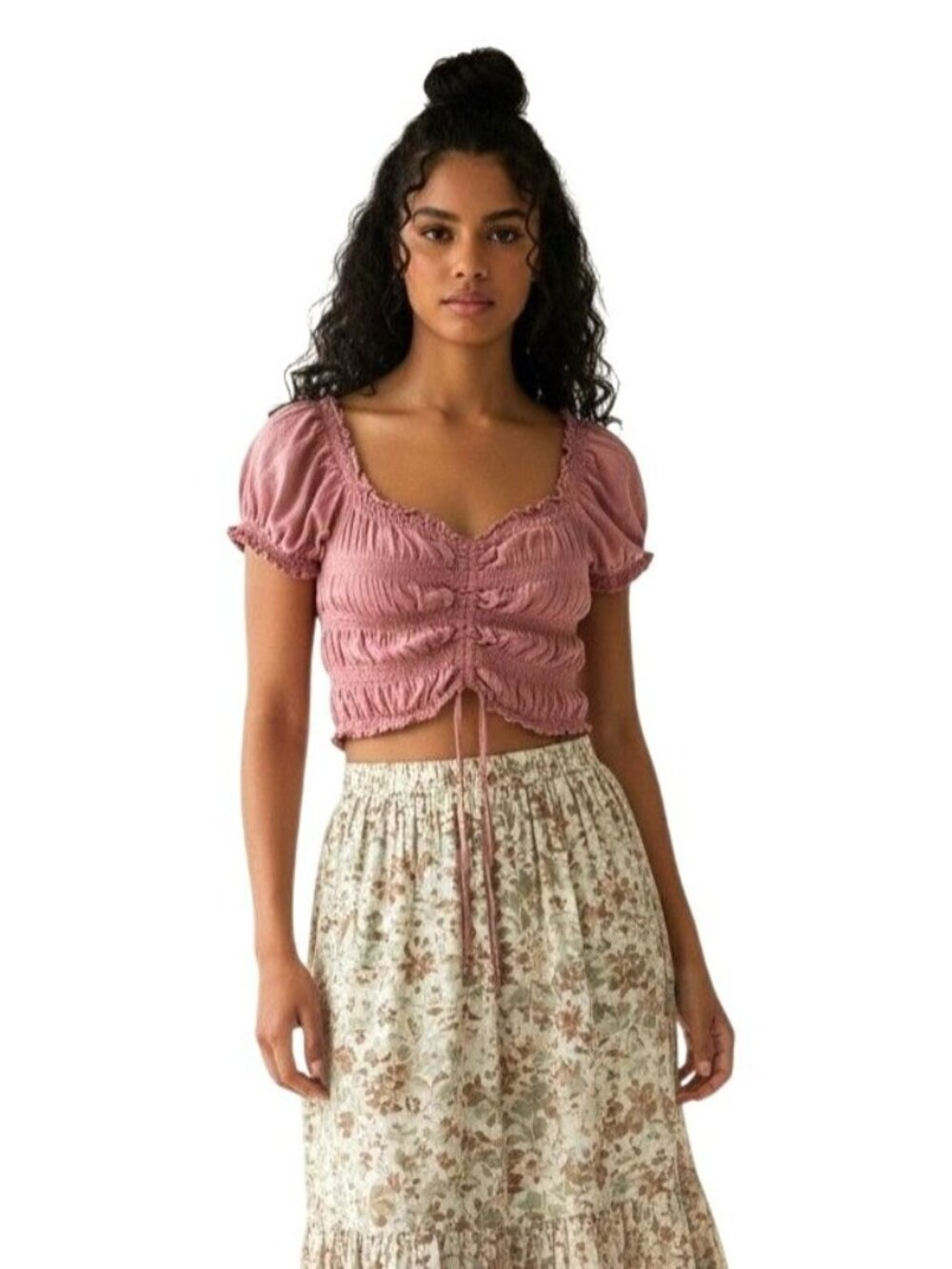 Garage  Ruched Puff Sleeve Cropped Top, Dirty Pink, Sz. L